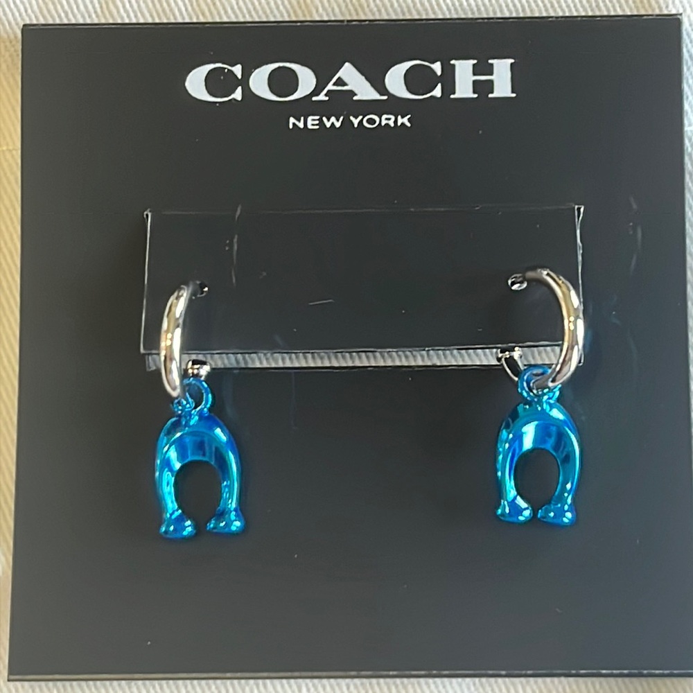 Coach Hanging C Huggie Earrings Silver and Cobalt Blue NWT